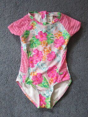 NWOT Art Class Medium 8 Pink Tropical Floral One Piece Zip Back Swimsuit Crochet
